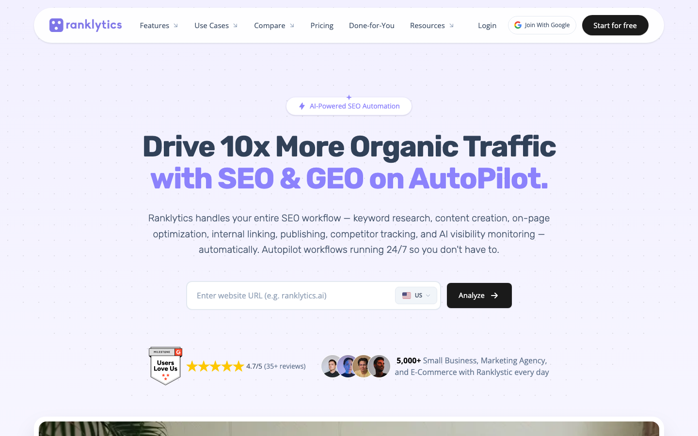 Ranklytics homepage showing its automated SEO and content offer
