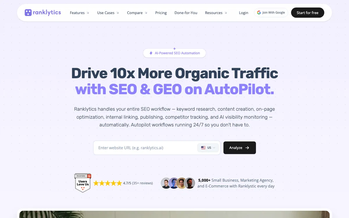 Ranklytics SEO autopilot homepage