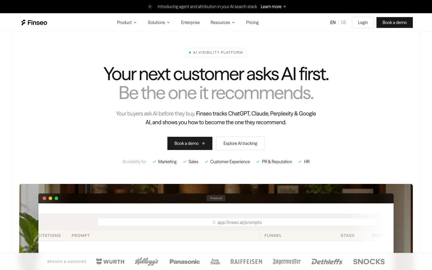 Finseo AI visibility tracking platform homepage