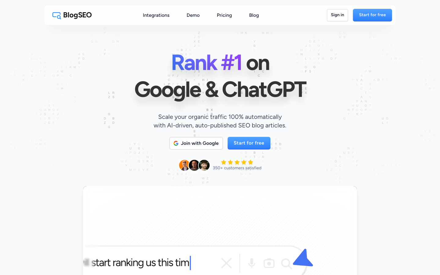 BlogSEO homepage showing its automated SEO and content offer