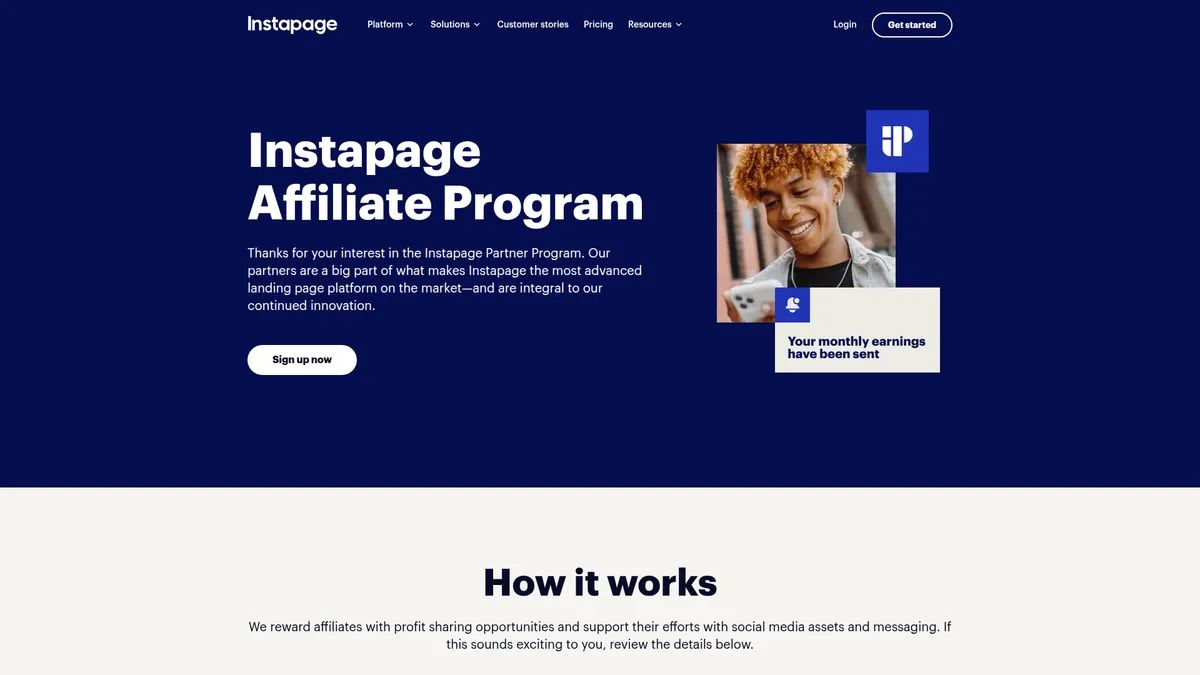 Instapage affiliate program page screenshot