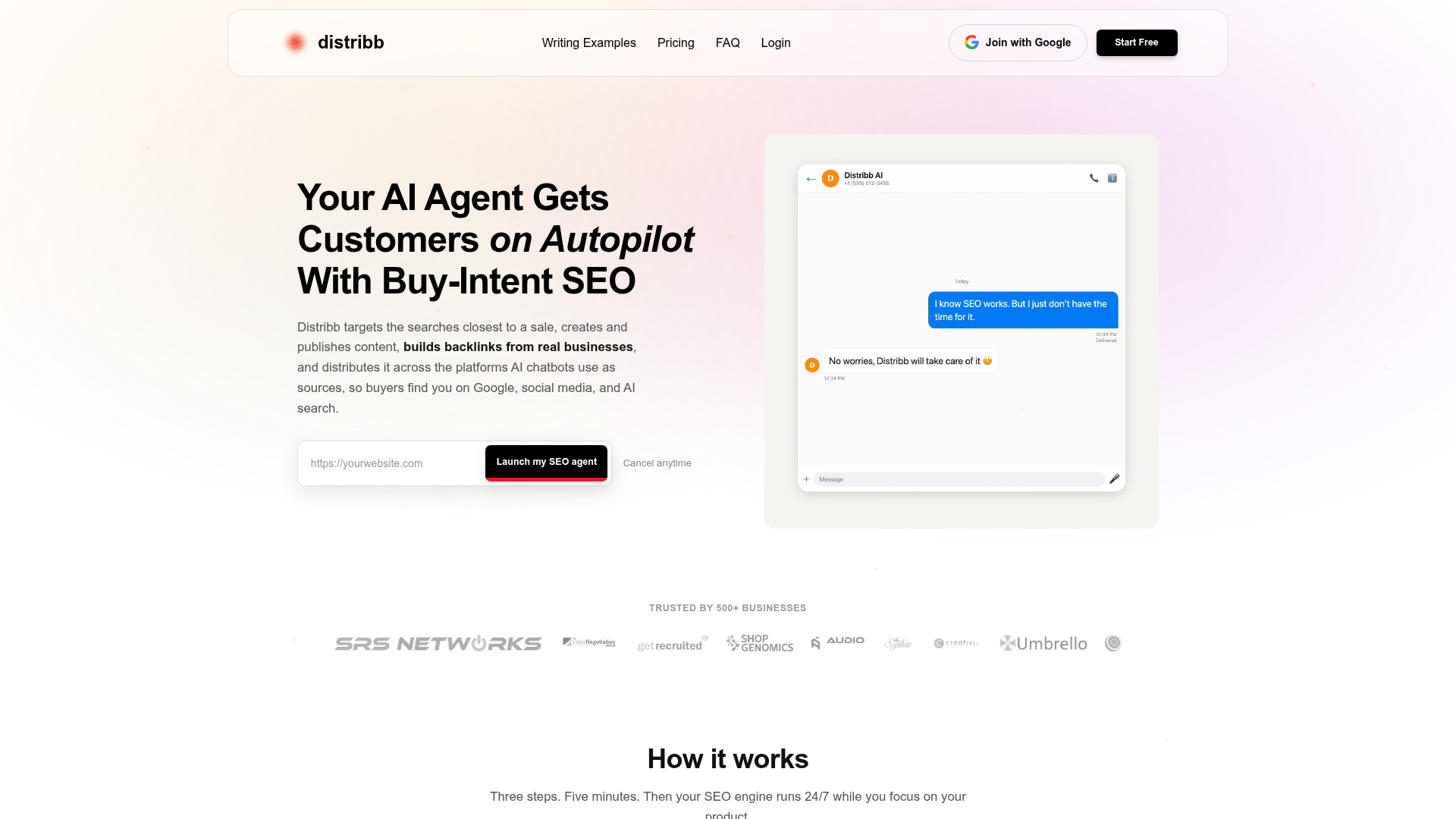 Distribb homepage showing its automated SEO and content offer