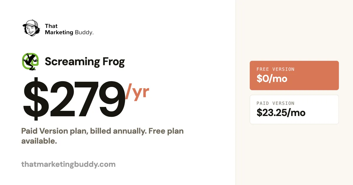Screaming Frog Pricing: Free Plan + $279/Year Licence