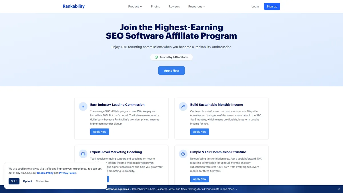 Rankability affiliate program page screenshot