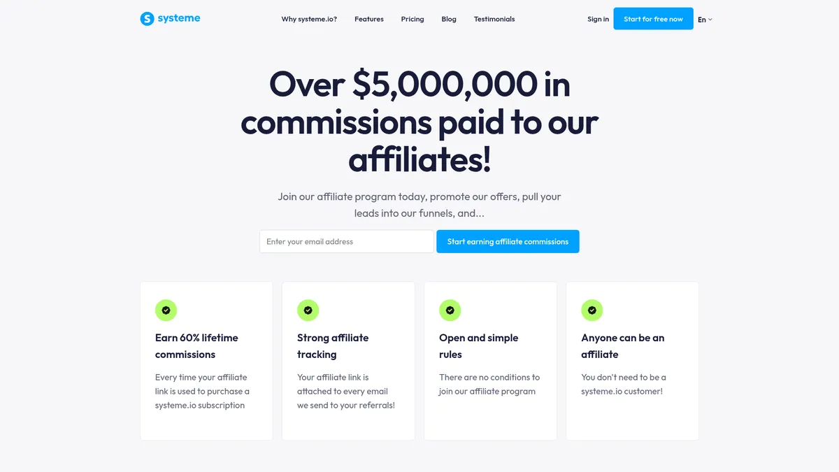Systeme.io affiliate program page screenshot