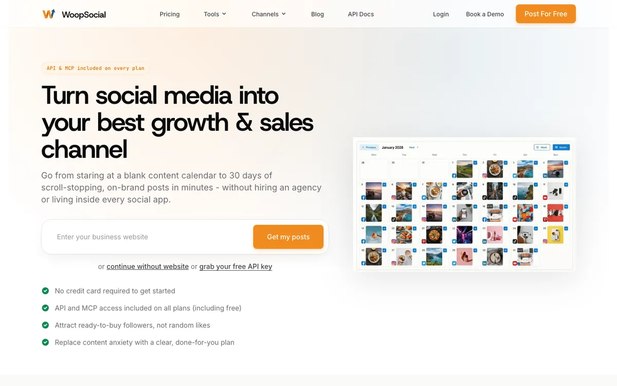 WoopSocial AI social media scheduler homepage