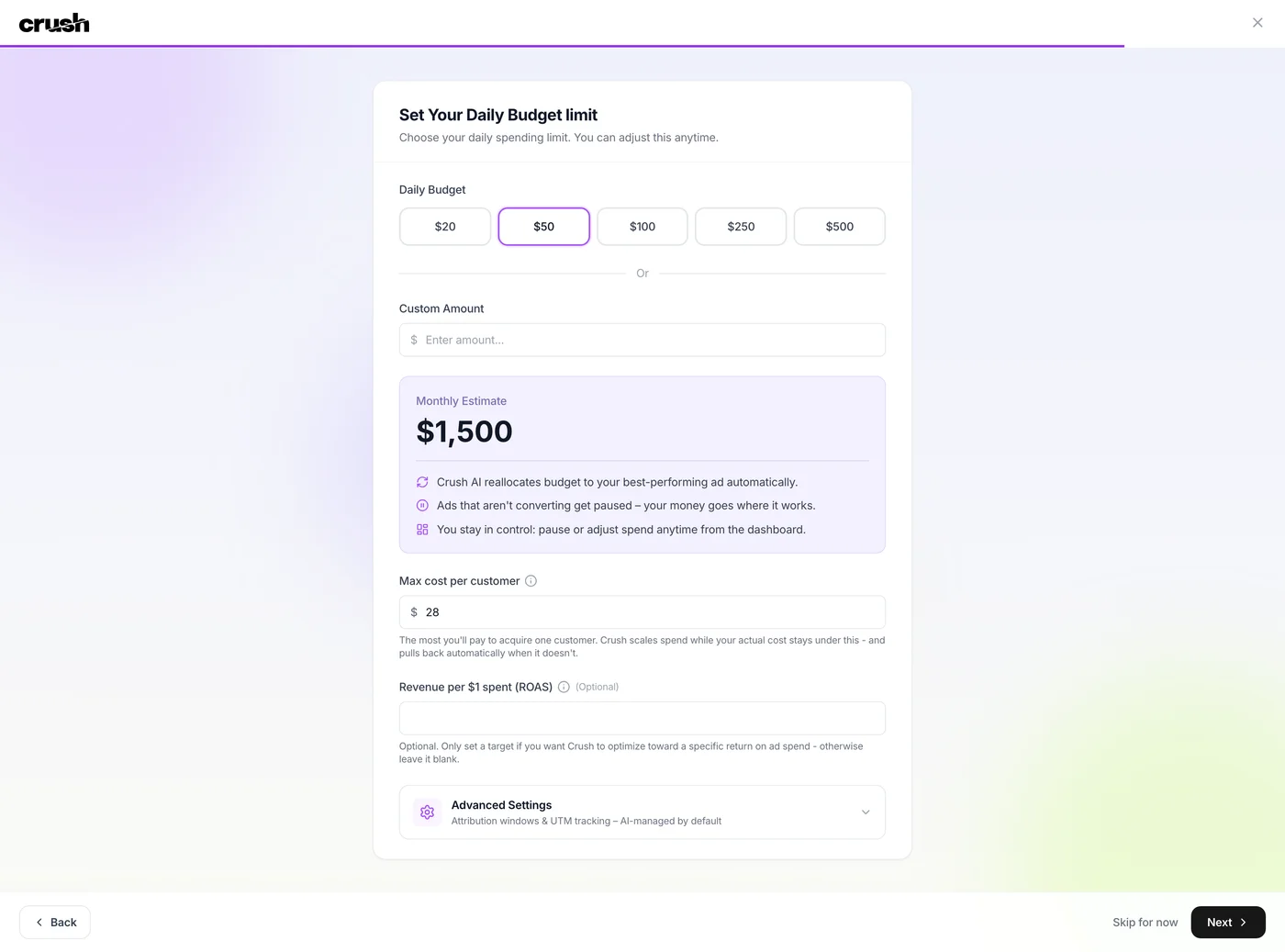 Crush daily budget step showing a $50 per day default and a $1,500 monthly estimate
