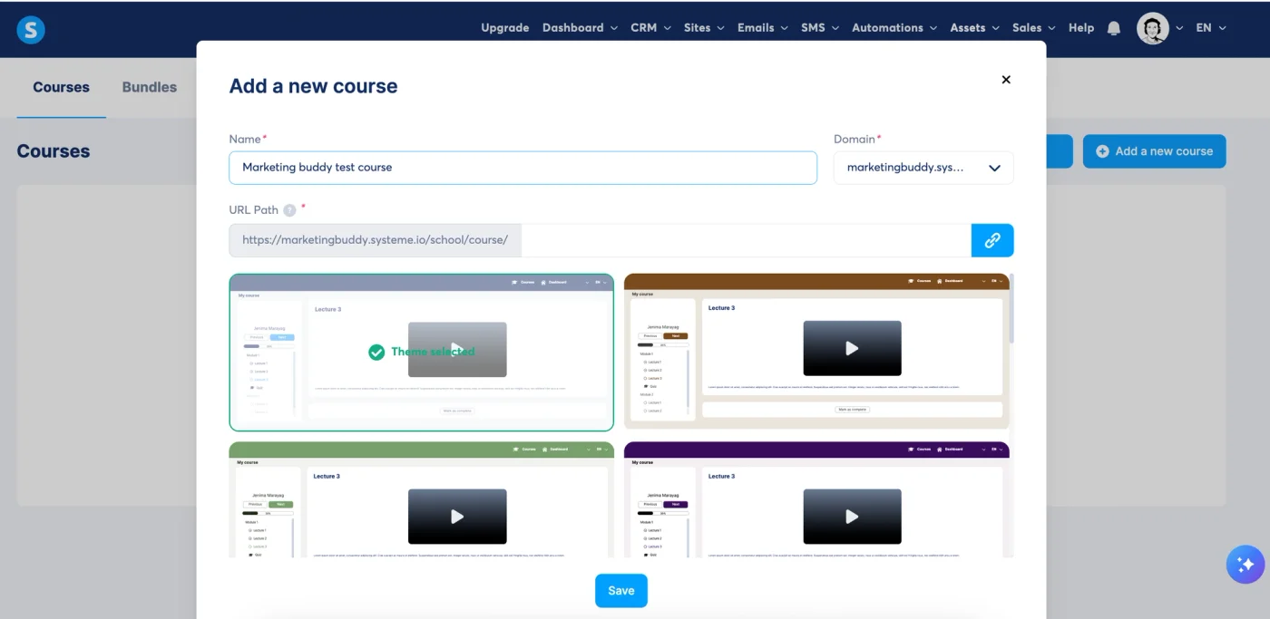 Systeme.io course builder with theme templates
