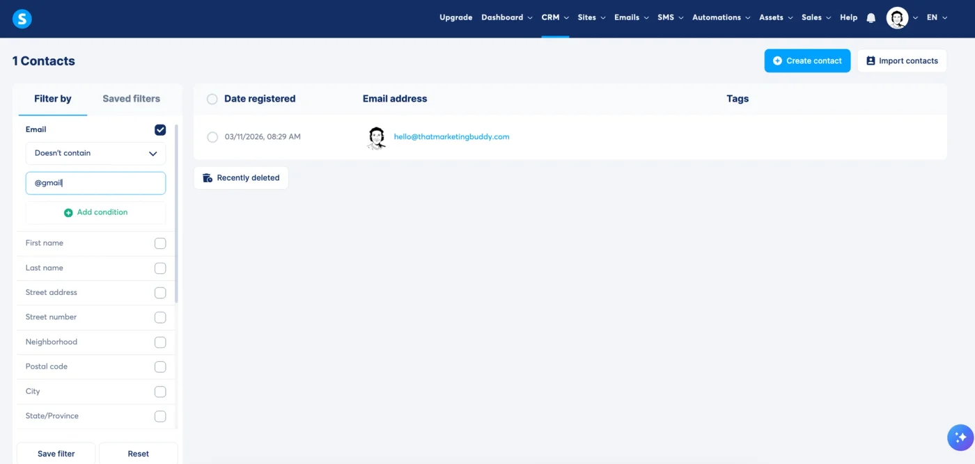 Systeme.io CRM contacts page with filters and tags