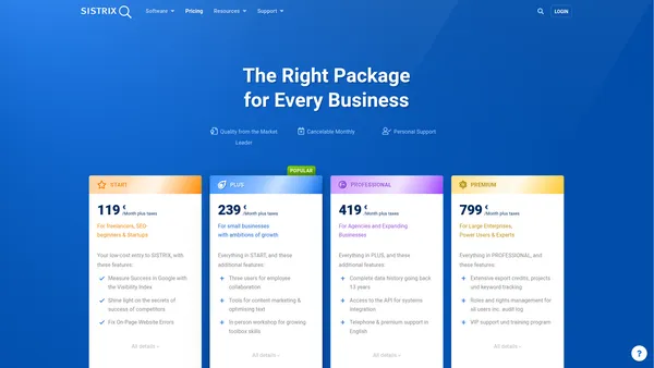 SISTRIX pricing page
