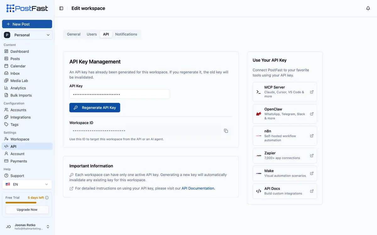 PostFast Workspace API tab with the key masked, showing MCP Server, OpenClaw, n8n, Zapier, Make and API Docs connection options