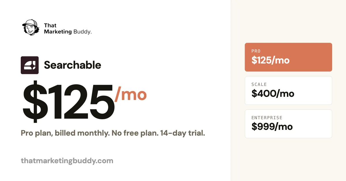 Searchable Pricing: $125/mo Entry, No Free Plan, 14-Day Trial