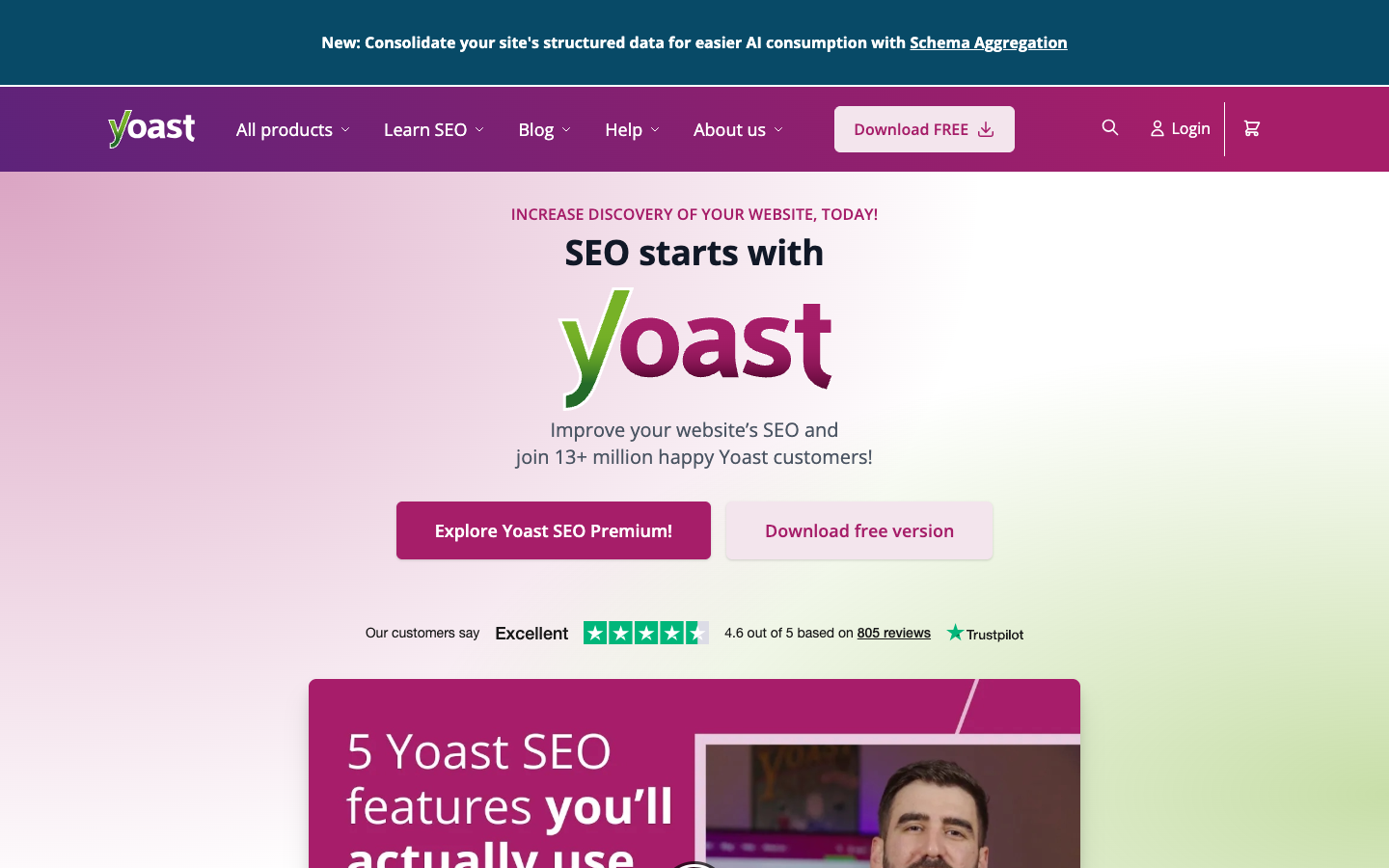 Yoast homepage with the tagline SEO starts with Yoast, buttons for Yoast SEO Premium and the free download, and a Trustpilot rating