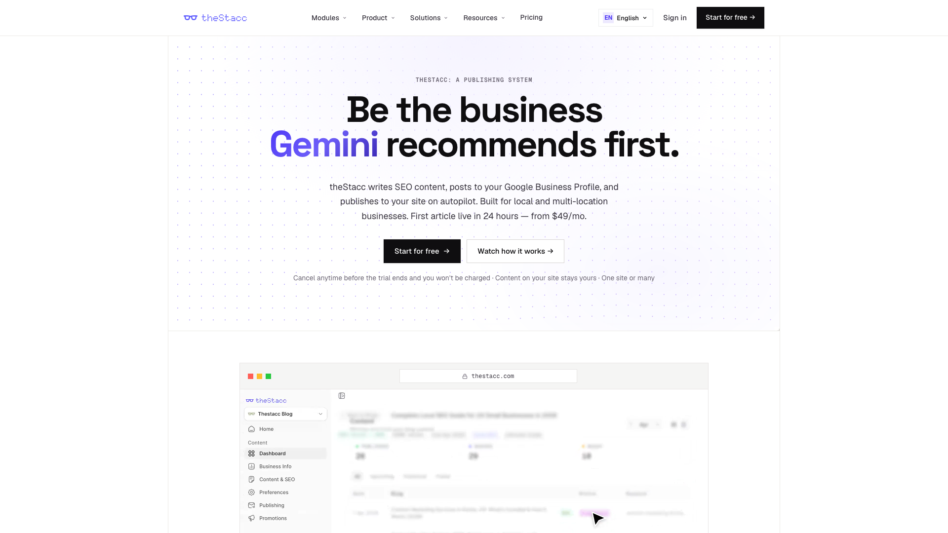 TheStacc homepage showing its automated SEO and content offer