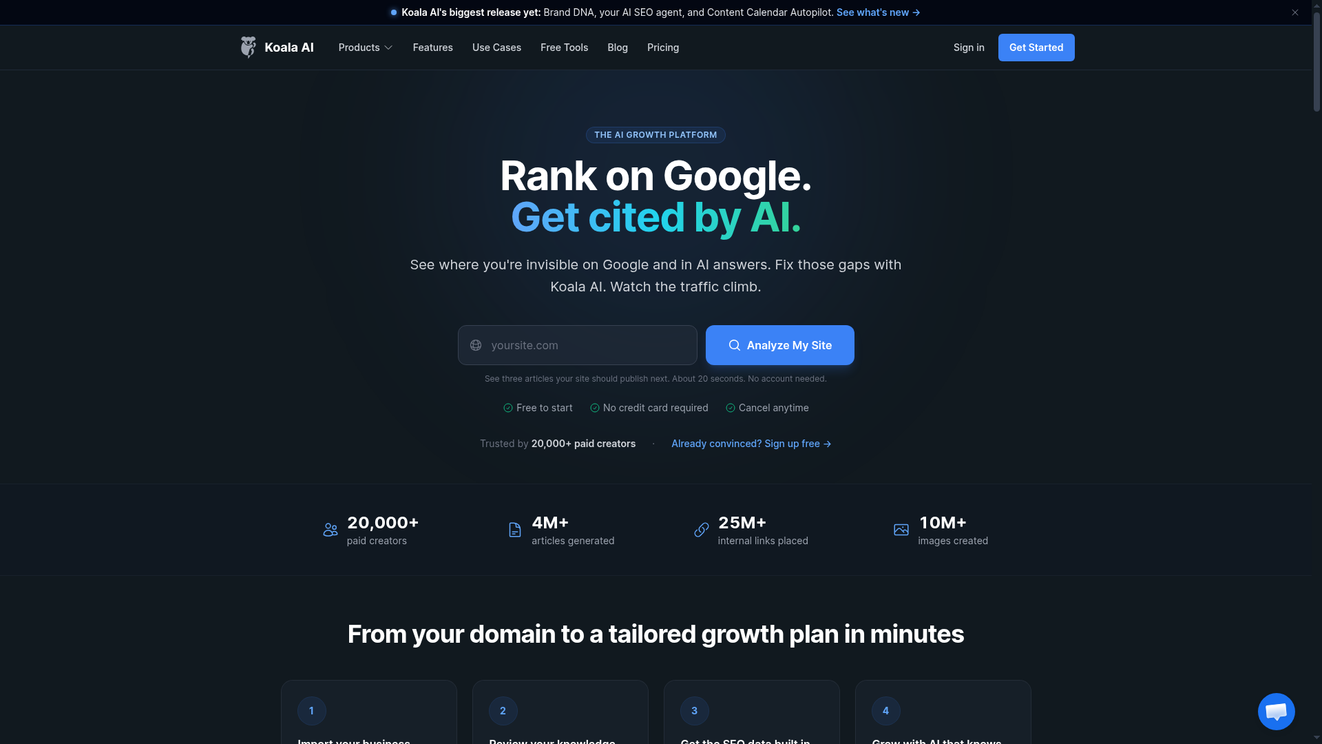 Koala AI homepage showing its automated SEO and content offer