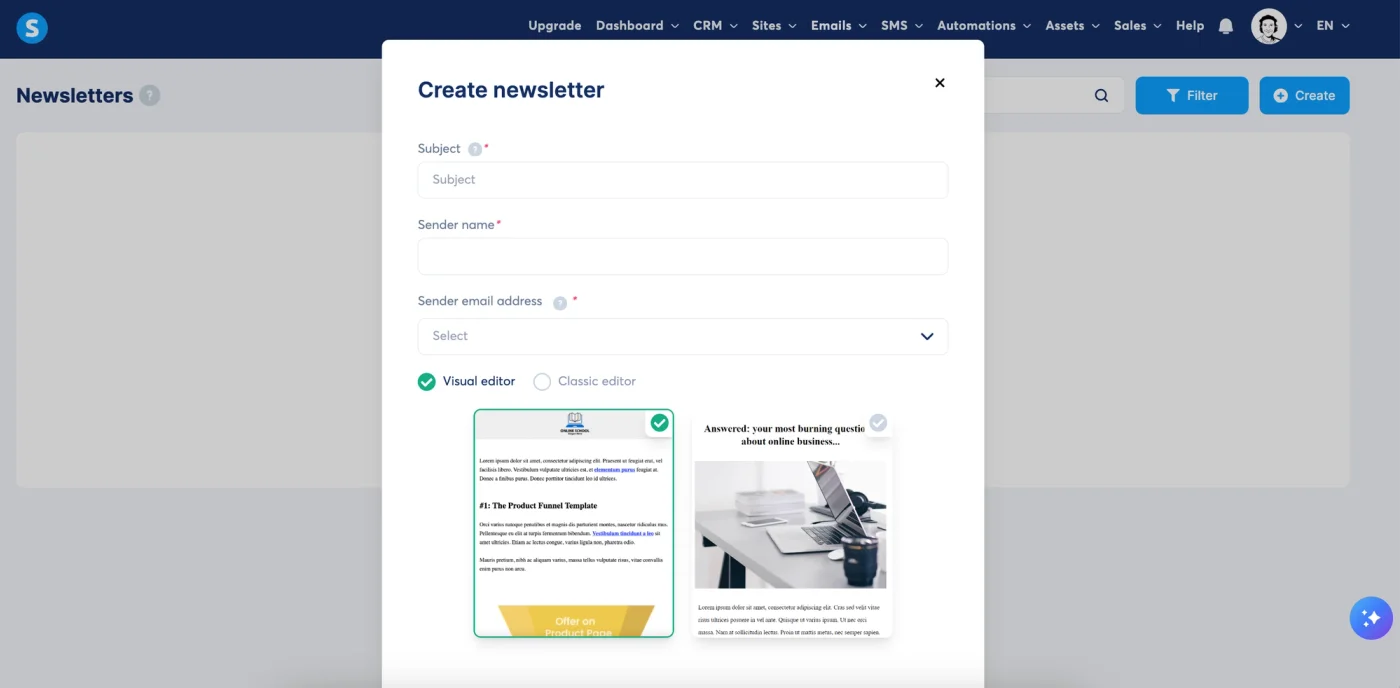 Systeme.io newsletter creator with email templates