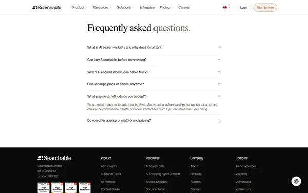 Searchable pricing page