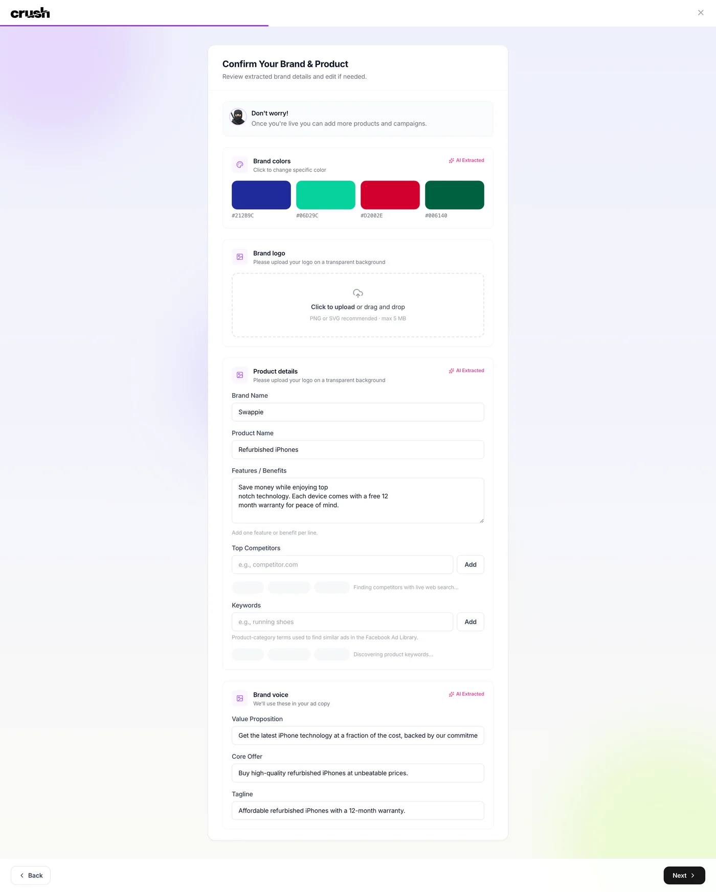 Crush onboarding screen showing Swappie's brand colours, product name and brand voice extracted automatically from a product URL