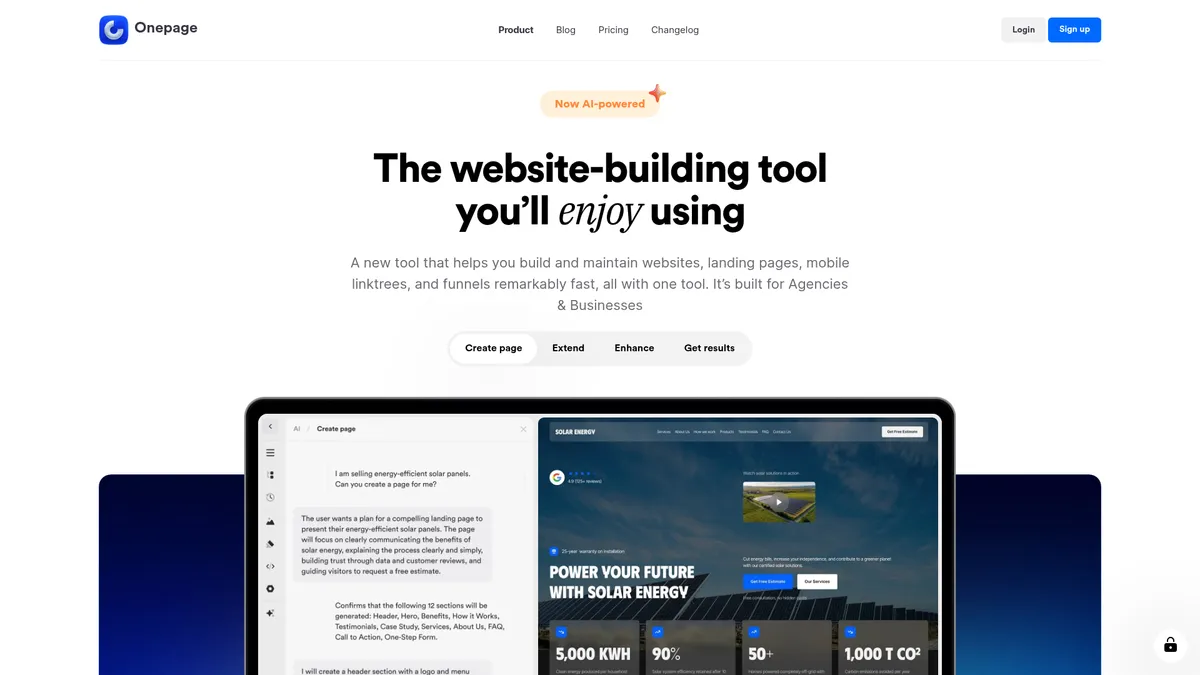 Onepage homepage screenshot