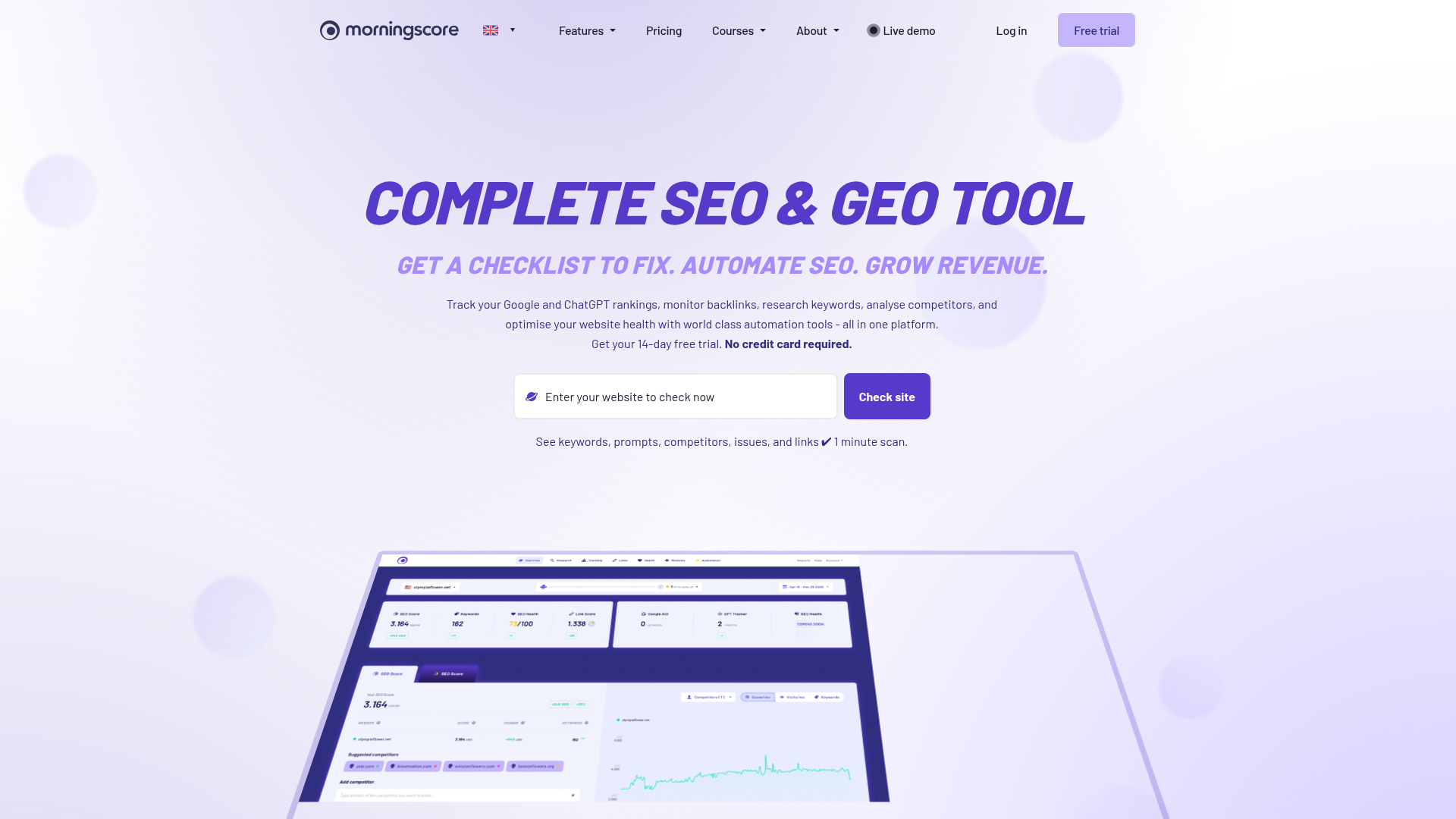 Morningscore SEO dashboard with guided missions and rank tracking
