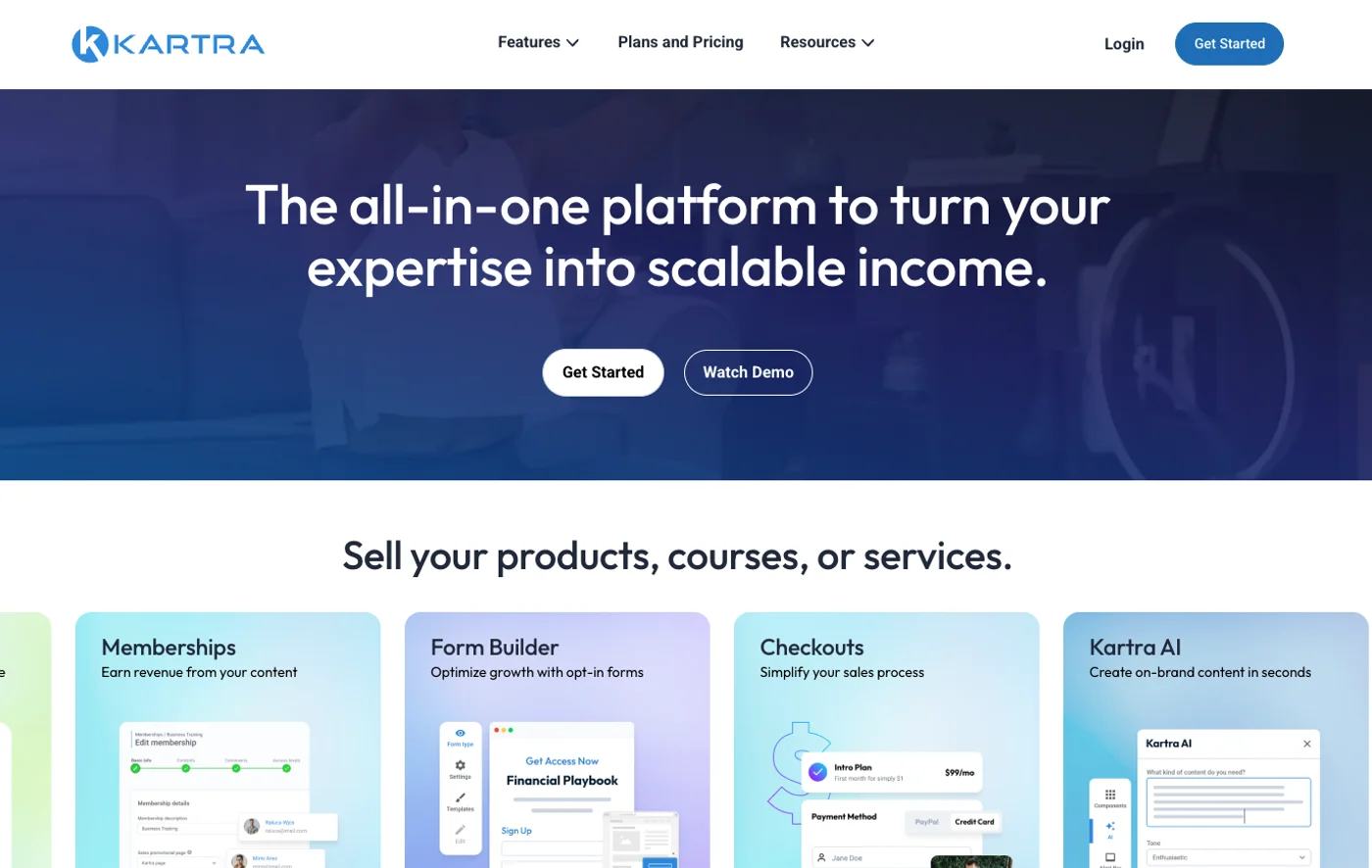 Kartra homepage screenshot