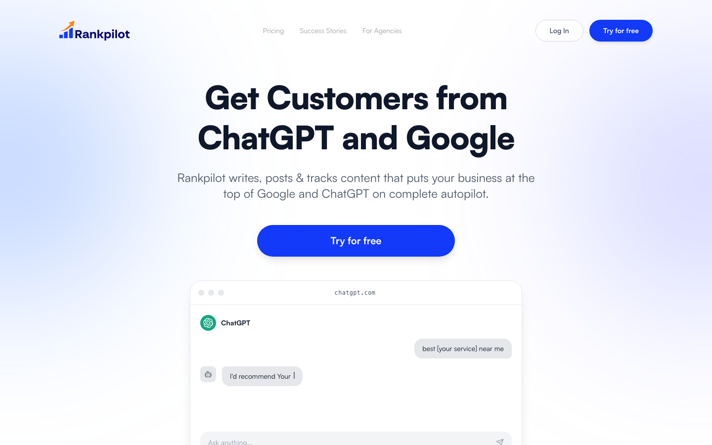 RankPilot homepage headline Get Customers from ChatGPT and Google above a ChatGPT chat window recommending a business