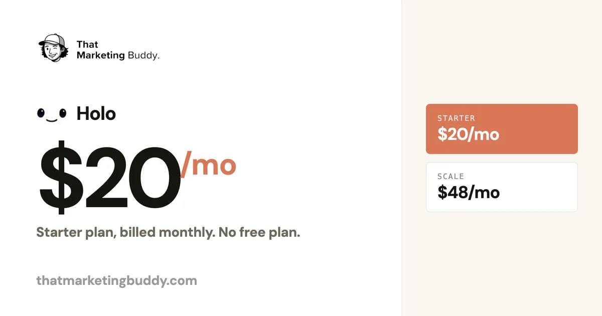 Holo Pricing: $20/mo Starter, 650 Creatives on Scale