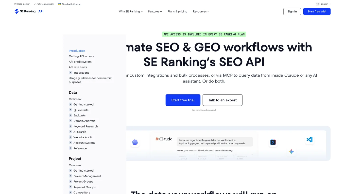 SE Ranking API documentation and data coverage page