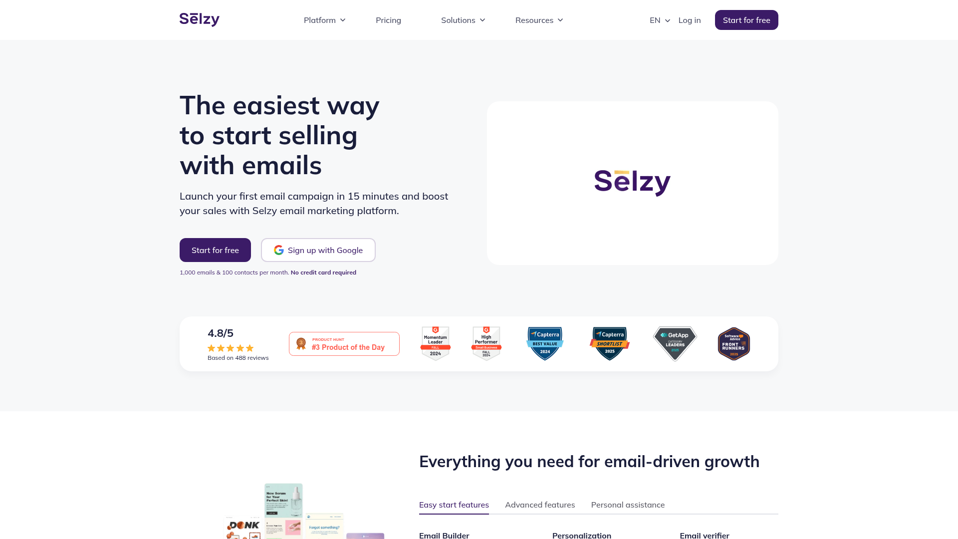 Selzy homepage for email marketing