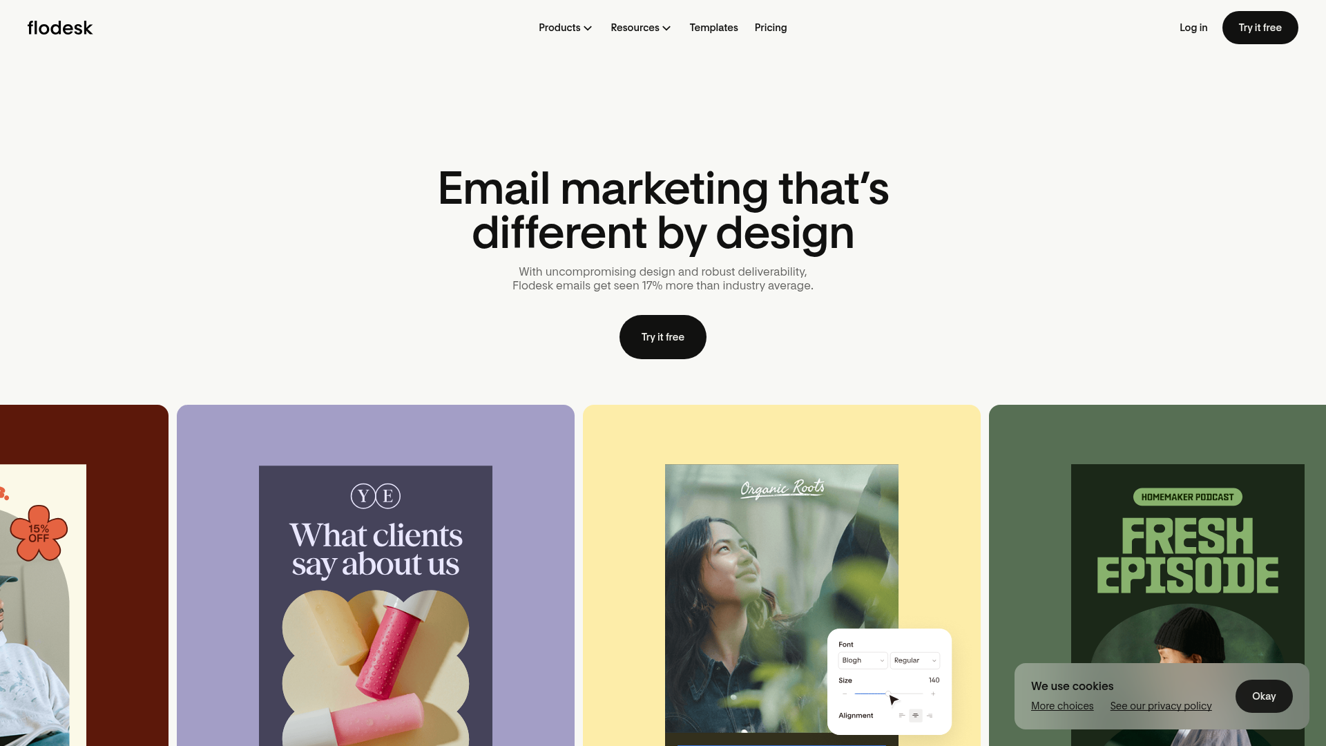 Flodesk's template-driven email editor showing a visually designed newsletter layout