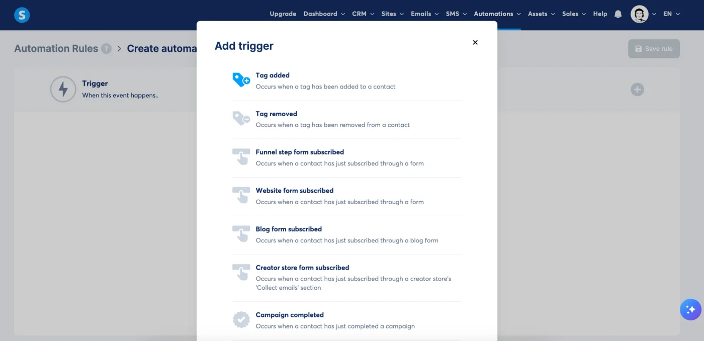 Systeme.io automation trigger options including tags, forms, and campaigns