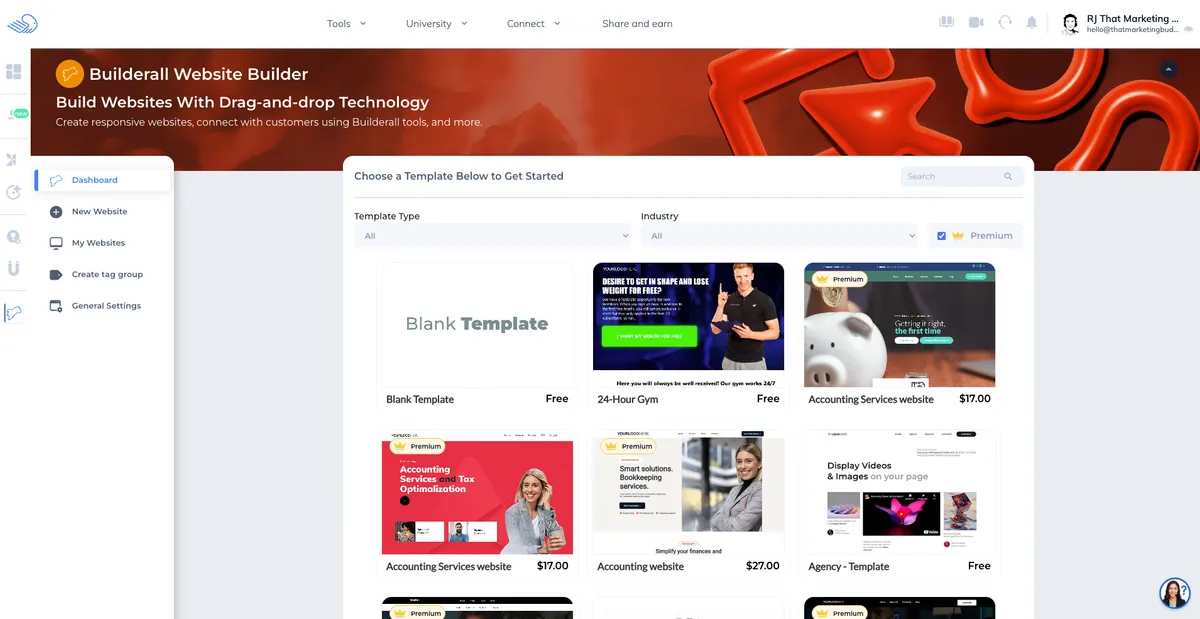 Builderall website template gallery with free and paid options