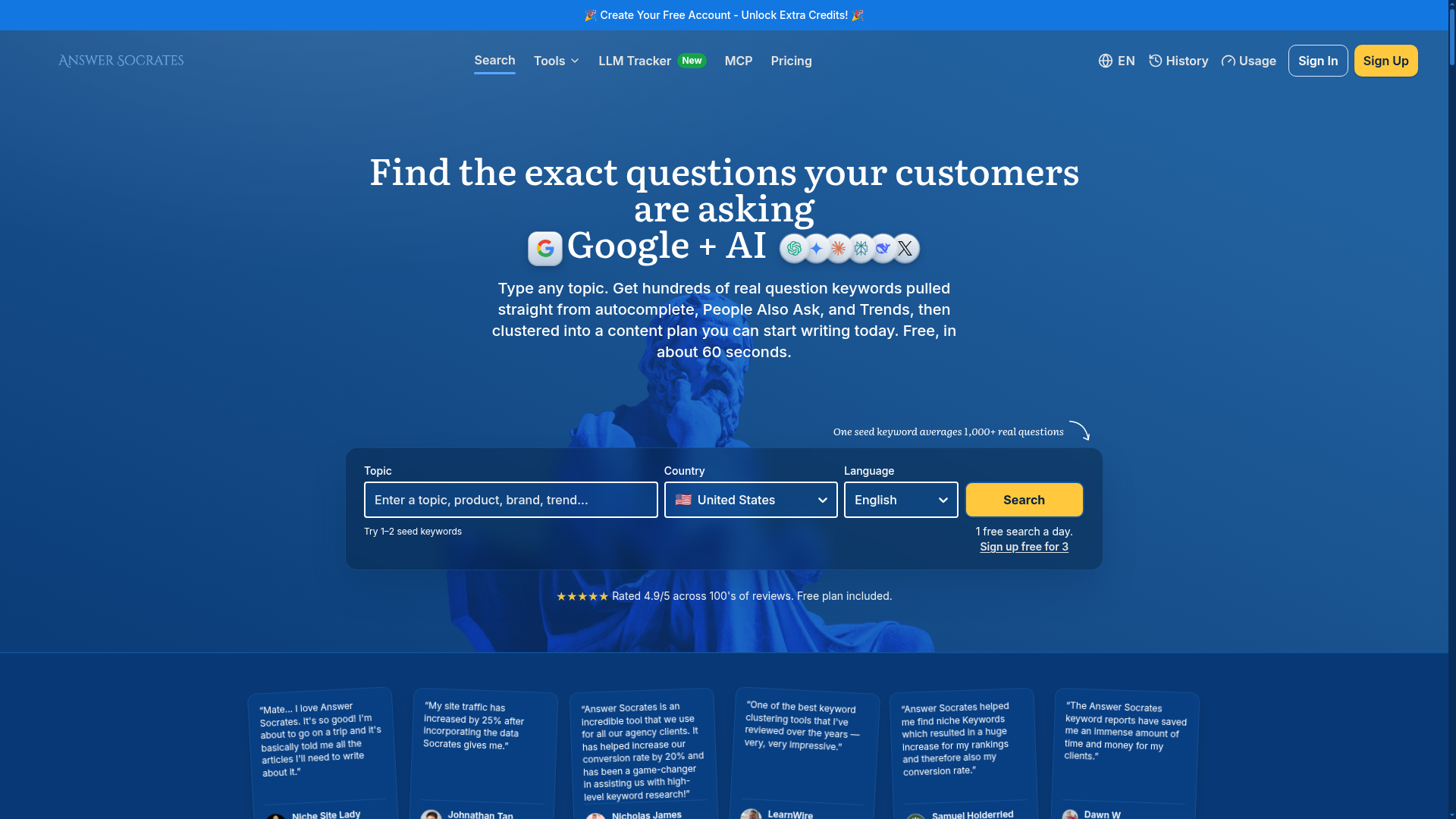 Answer Socrates homepage for question-based keyword research