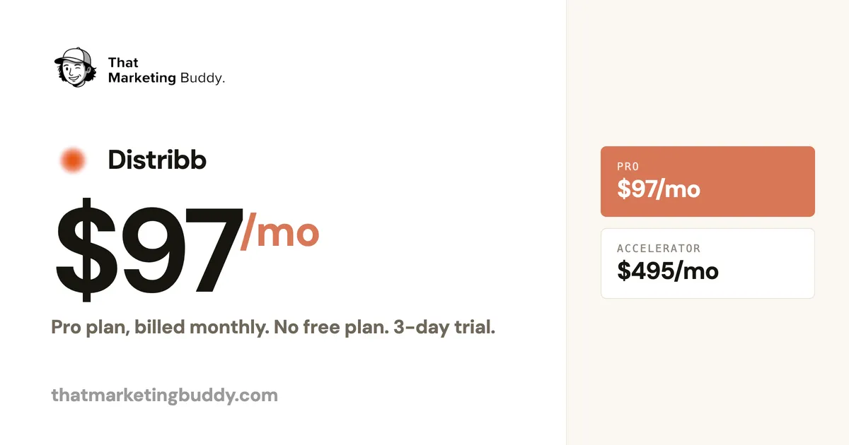 Distribb Pricing: $97/mo Pro to $495/mo Accelerator, 3-Day Trial