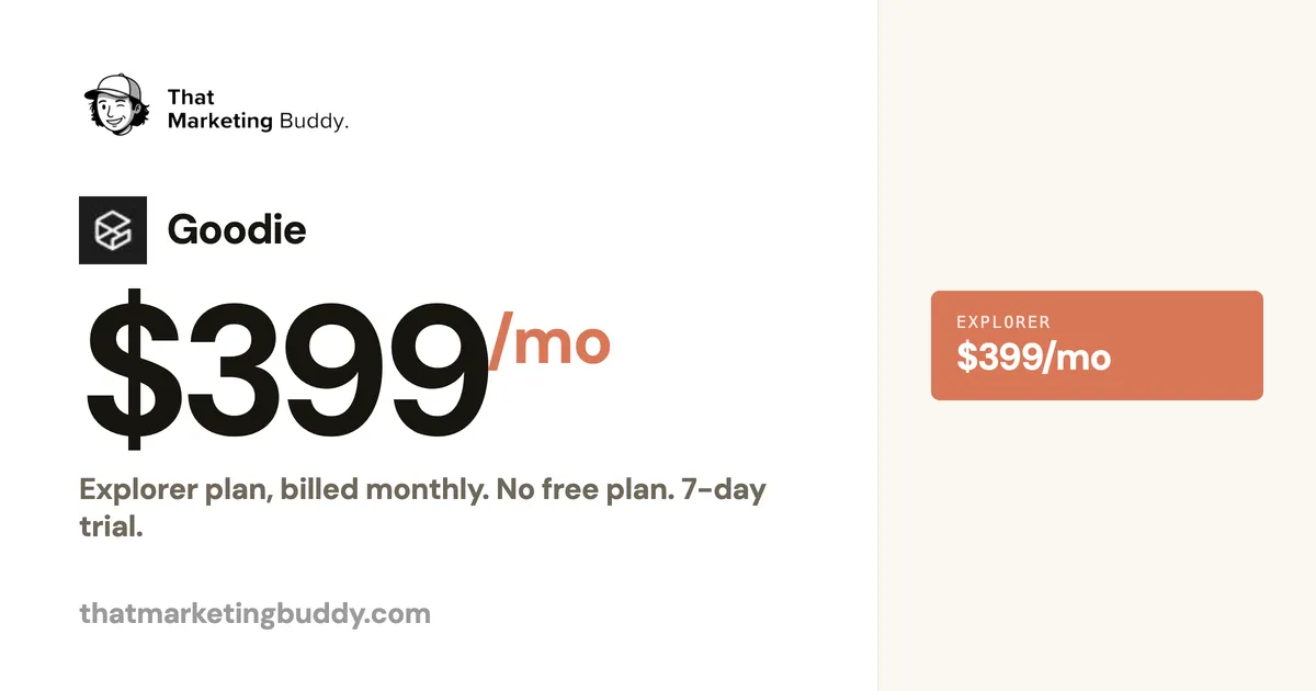 Goodie Pricing: $399/mo Explorer, 7-Day Trial, No Free Plan