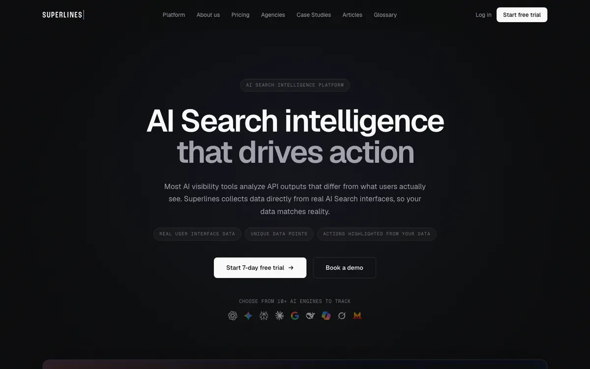 Superlines AI search intelligence platform homepage