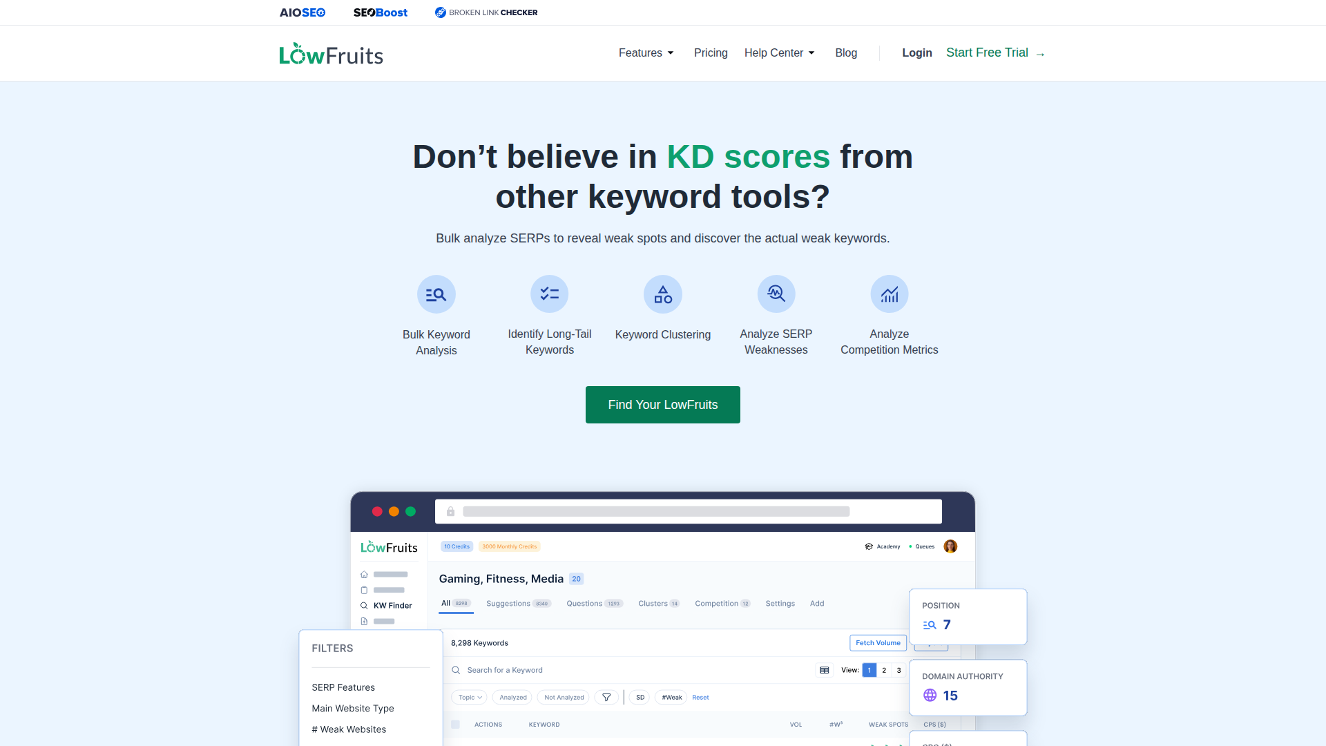 LowFruits homepage headline about not believing KD scores, above a dashboard preview of a keyword list with weak-spot and domain authority columns
