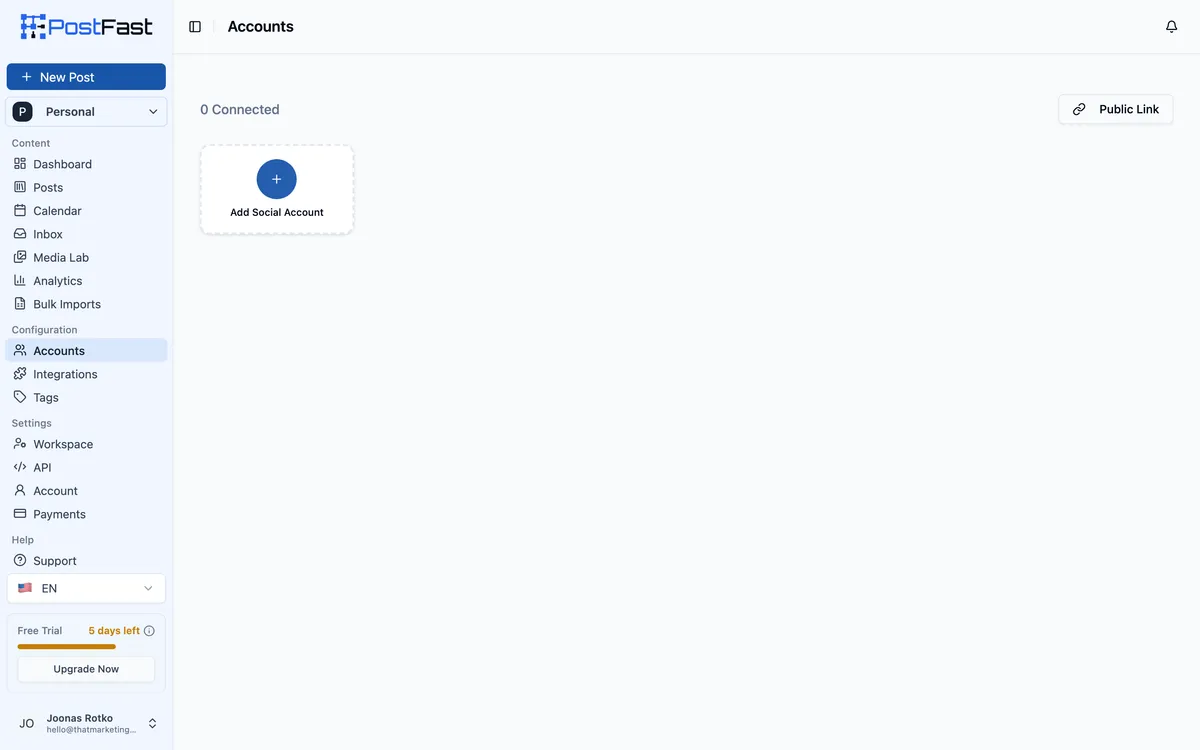 PostFast Accounts screen showing zero connected accounts and a Public Link button