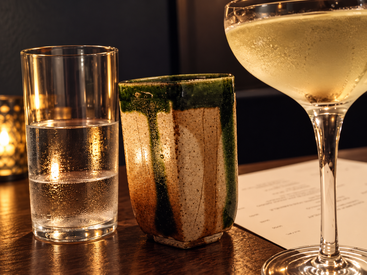 A pale cocktail in a coupe beside a green-glazed ceramic cup and a water glass at Gori Gori Peku
