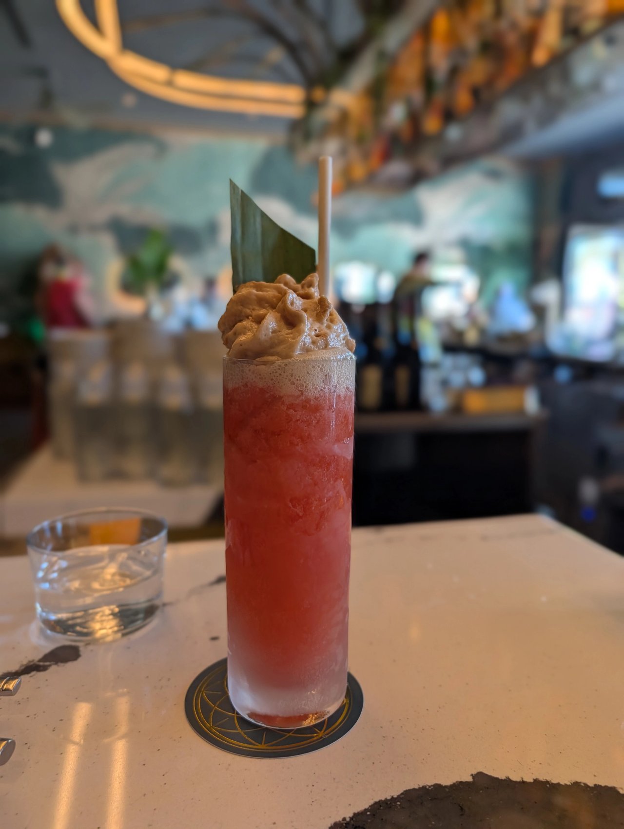 A tall red cocktail topped with a generous swirl of foam and a green leaf at the Kingfisher bar