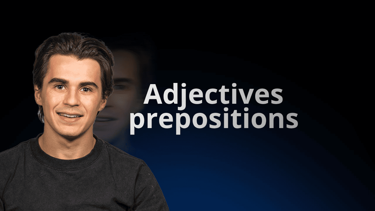 Učitel z flowexam.com vysvětlující v angličtině přídavná jména následovaná předložkami s příklady na tabuli pro přípravu na TOEIC®