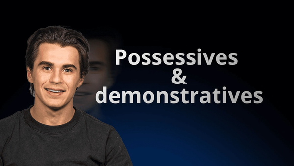 Flowexam.com teacher explaining possessives and demonstratives in English on a blackboard with examples for TOEIC® preparation