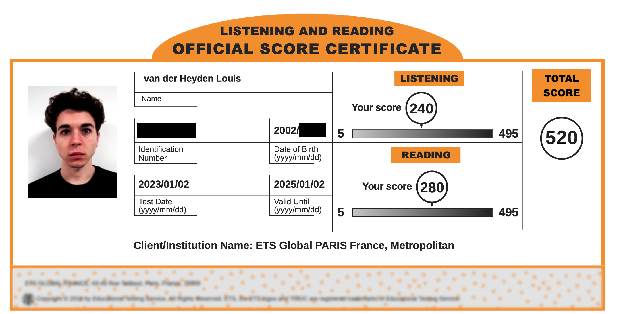 Relevé de score TOEIC® officiel de Louis, avant : 520 points