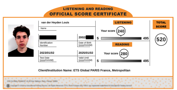 Official TOEIC Listening & Reading score certificate showing a total of 520 points, with a breakdown of the Listening and Reading sections. The image illustrates a real score example used to present the results that students can improve through the preparation offered on flowexam.com.