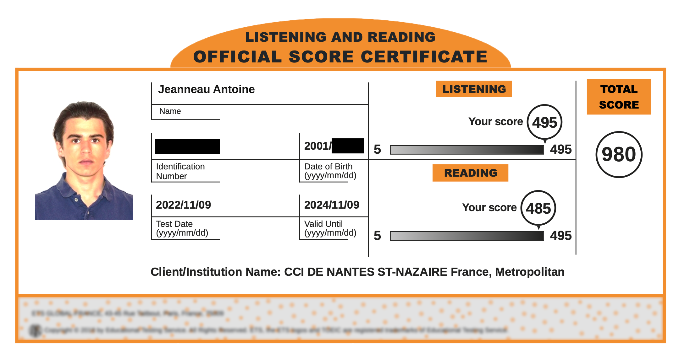 Relevé de score TOEIC® officiel de Antoine, après : 980 points