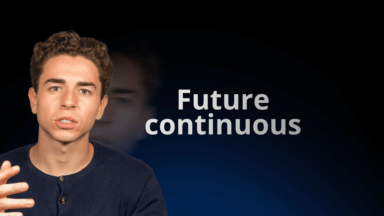 Professor da flowexam.com a explicar o tempo verbal future continuous em inglês no quadro com a estrutura will be mais verbo-ing para preparação TOEIC®