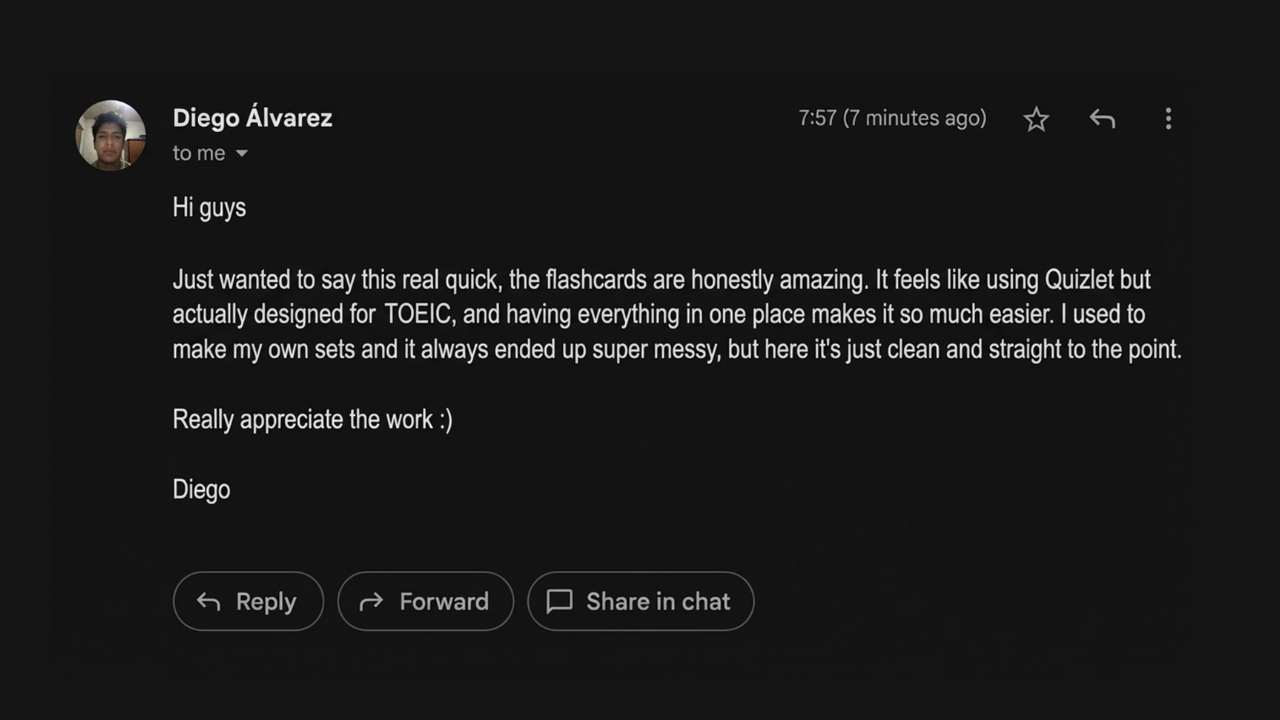 Student testimonial explaining how flowexam.com helped them improve their TOEIC score, sharing their method, results, and satisfaction level after using the platform.