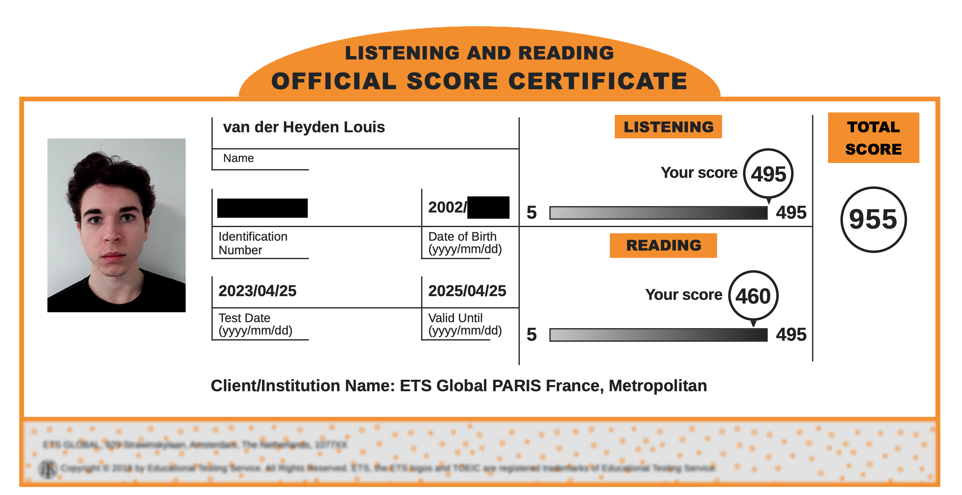 Relevé de score TOEIC® officiel de Louis, après : 955 points