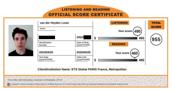 Official TOEIC Listening & Reading score certificate showing a total of 955 points, broken down by Listening and Reading sections. The image illustrates a real score example used to showcase the results that students can improve through the preparation offered on flowexam.com.