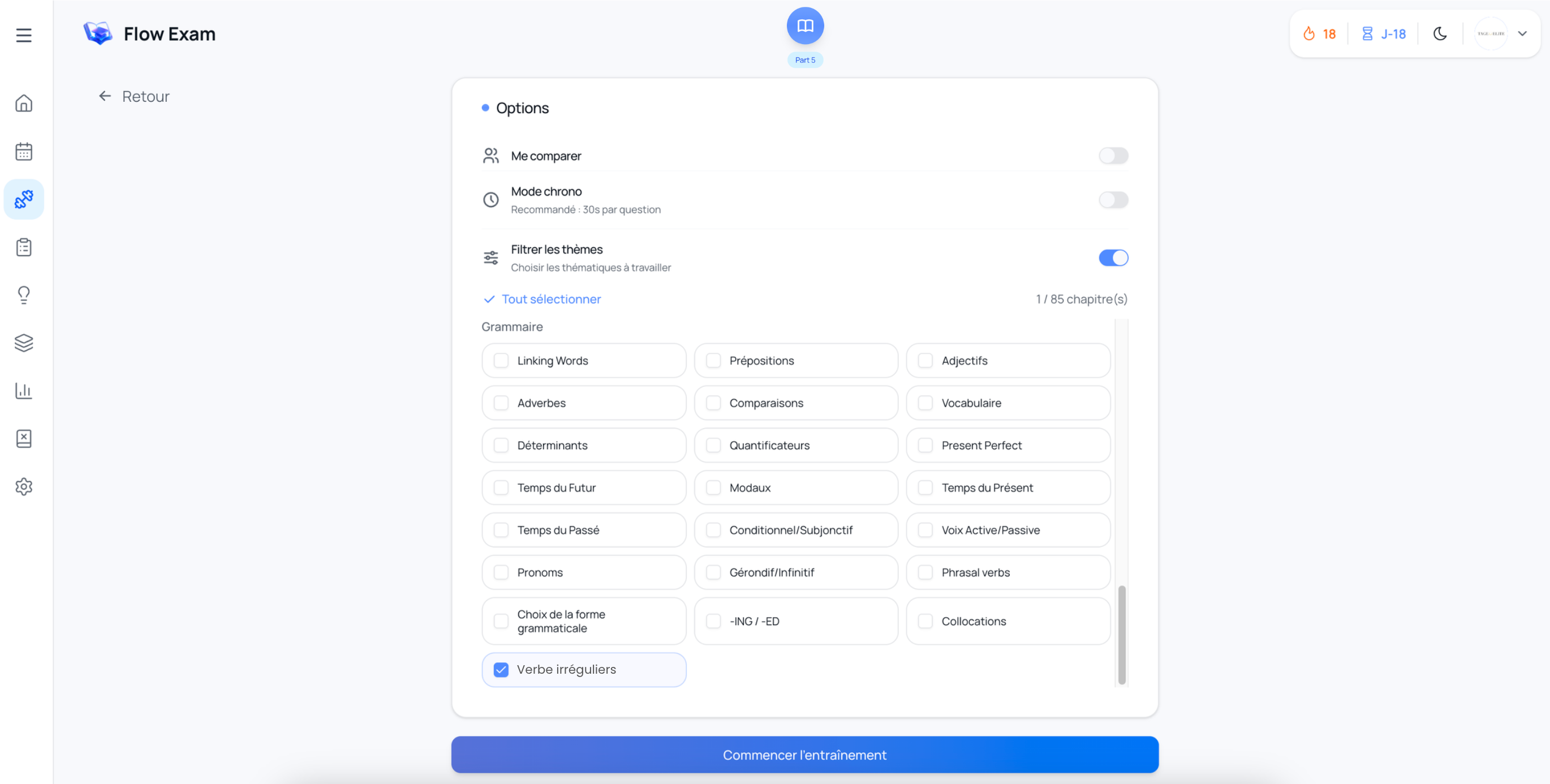 Interface Flow Exam permettant de s’entraîner uniquement sur les verbes irréguliers en Part 5 du TOEIC grâce à un filtre de grammaire avancé et un entraînement ciblé.